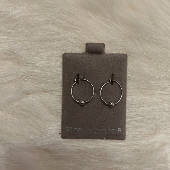 Sterling Silver small hoop earrings with delicate ball. New on original card. - Picture 3 of 4